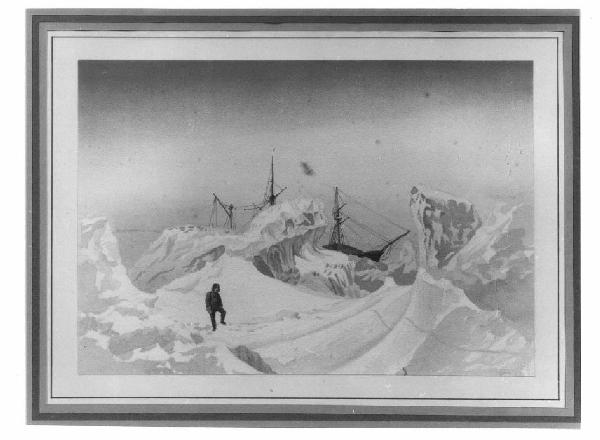 Paesaggio polare con figura antropomorfa e nave.