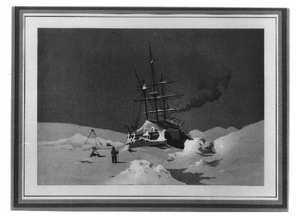 Paesaggio polare con figura antropomorfa e nave.