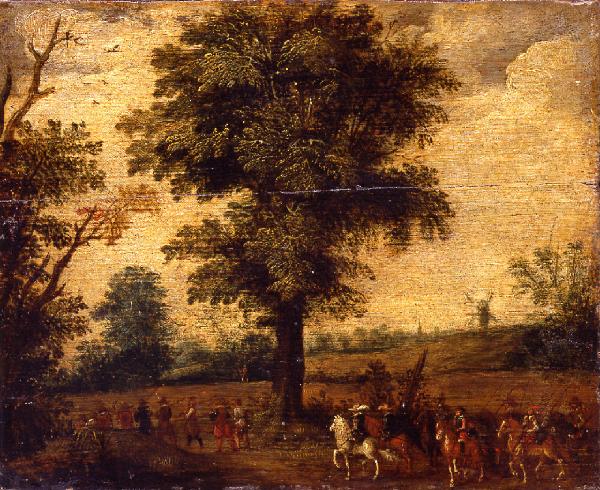 Paesaggio boscoso con soldati