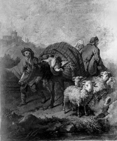 Contadini in viaggio con asini e pecore