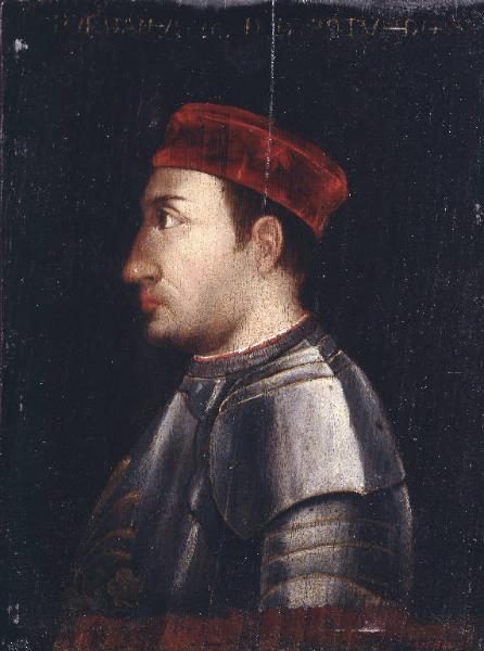 Ritratto di Giordano Orsini di profilo con armatura e berretto
