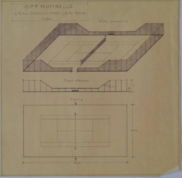 Pianta e prospettiva del campo da tennis dell'Ospedale Psichiatrico Provinciale di Milano (Mombello)