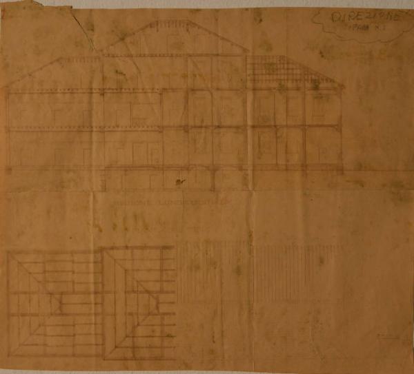 Sezione dell'edificio e pianta del sistema di copertura del fabbricato n. 3 dell'Ospedale Psichiatrico Provinciale di Milano (Mombello)