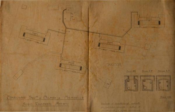 Pianta e sezione dell'impianto di riscaldamento dei nuovi comparti aperti (fabbricato n. 66) dell'Ospedale Psichiatrico Provinciale di Milano (Mombello)