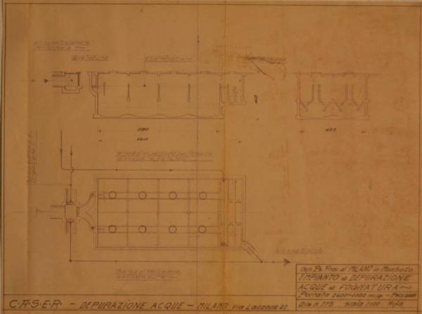 Pianta e sezioni dell'impianto di depurazione delle acque fognarie dell'Ospedale Psichiatrico Provinciale di Milano (Mombello)