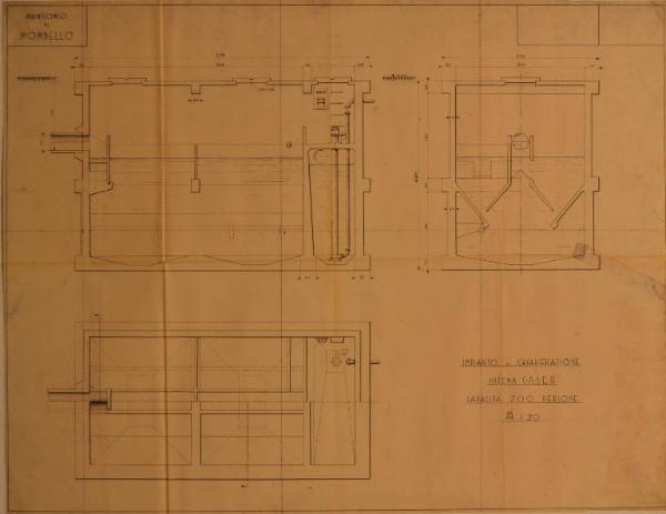 Pianta e sezioni dell'impianto depurazione acqua dell'Ospedale Psichiatrico Provinciale di Milano (Mombello)