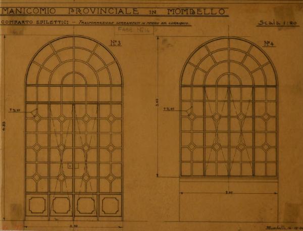 Prospetto dei serramenti del fabbricato epilettici (n. 14) dell'Ospedale Psichiatrico Provinciale di Milano (Mombello)