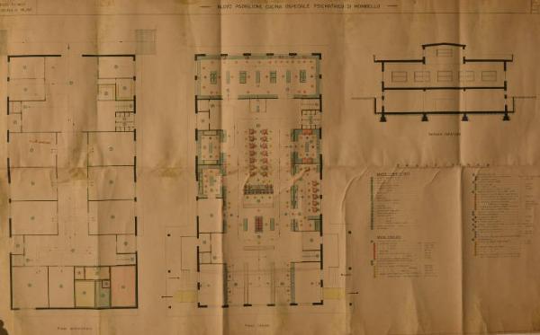 Pianta e sezione della cucina (fabbricato n. 25) dell'Ospedale Psichiatrico Provinciale di Milano (Mombello)