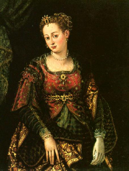 Ritratto di giovane donna con ricche vesti e gioielli