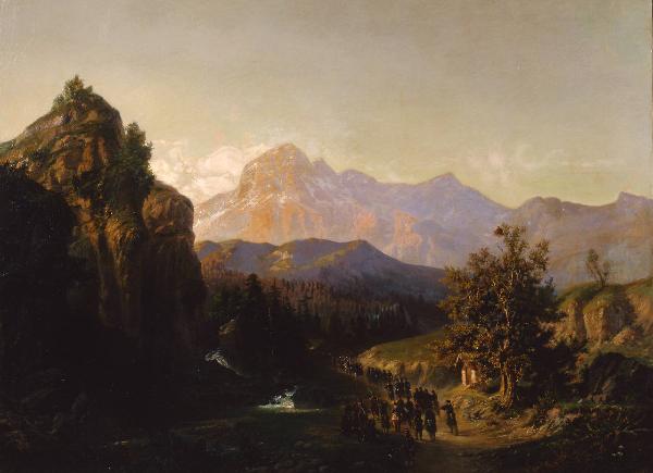 Paesaggio montano della Valtellina con Giuseppe Garibaldi e i suoi volontari