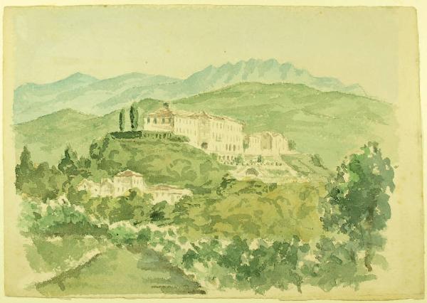 Veduta di Villa Greppi, con il borgo di Casatevecchio e il Resegone sullo sfondo