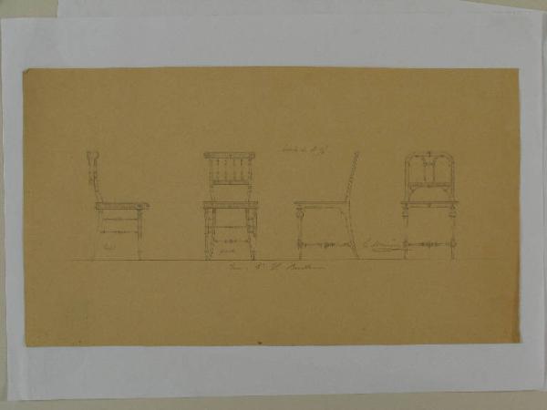 Disegno di sedia, vista di fronte e di profilo, per lo Chalè Biester a Sintra
