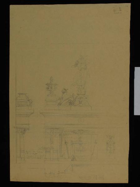 Disegno della decorazione del camino della sala da pranzo del Palazzo Biester, alzato, pianta e profilo