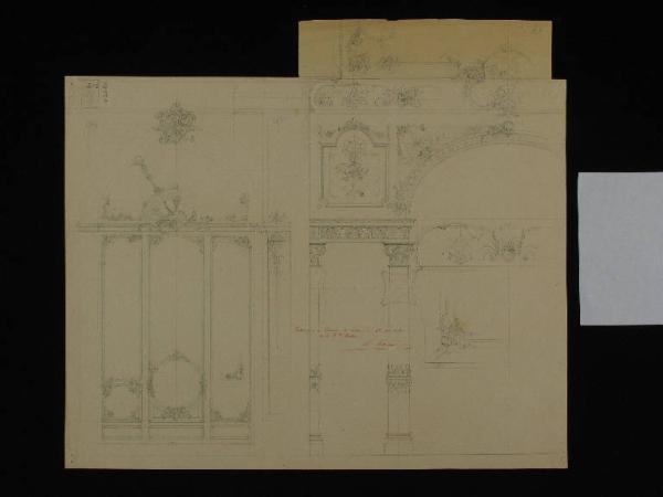 Disegno di particolare di colonna e portale della sala da pranzo o sala Luigi XV al piano terra di Palazzo Victor Rocha a Lisbona