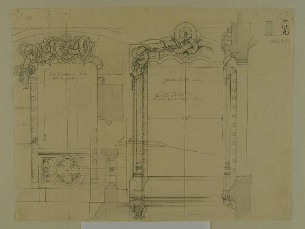 Disegno di alzato SE, finestra del passaggio sotto la sala della Caccia e finestra della sala dei Re dal lato della Veranda del Palazzo della Regaleira a Sintra