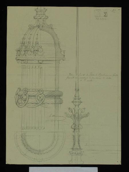 Disegno di garitta della scala unita alla Sala Ottagonale, studio di cupola e para fulmine del Palazzo della Regaleira a Sintra