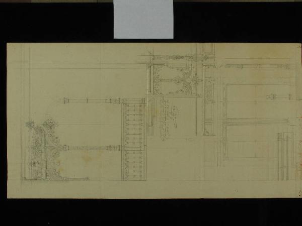 Disegno di  pianta del soffitto della hall della scalinata del piano terra; maniglie per le porte della Sala dei Re; pianta, alzato, cortile e profilo per il Palazzo della Regaleira