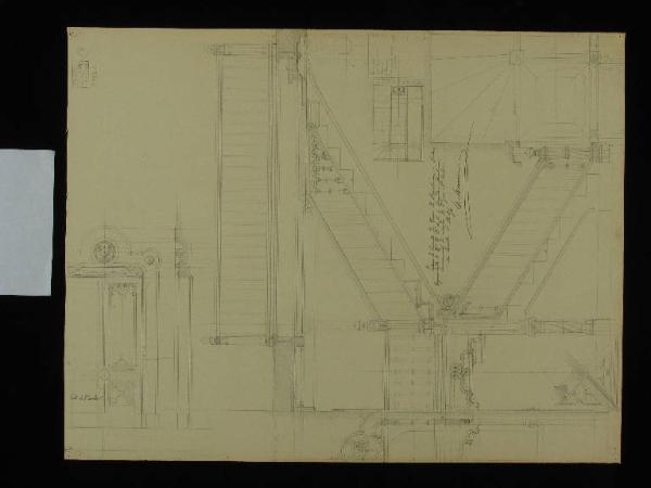 Disegno della rampa della scalinata del piano terra; particolari delle porte del 2° piano; pianta, alzato e cortile per il Palazzo della Regaleira