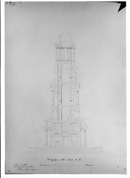 Progetto di una torre di città con campana ed orologio