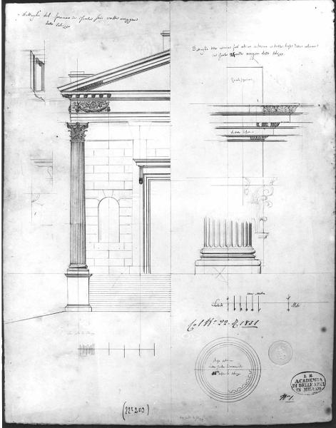 Progetto di un edificio (pronao, trabeazione e colonna)