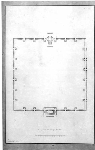 Un Campo Santo quadrato rinchiuso da portici atti a collocarvi interamente in giro memorie e monumenti d'illustri defunti