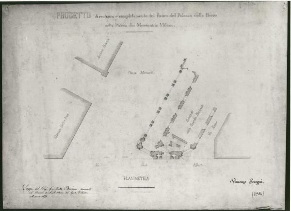 Restauro e completamento del fianco del Palazzo della Borsa nella Piazza de' Mercanti... Il prospetto dovrà essere in armonia col partito architettonico della facciata del palazzo stesso verso la piazza