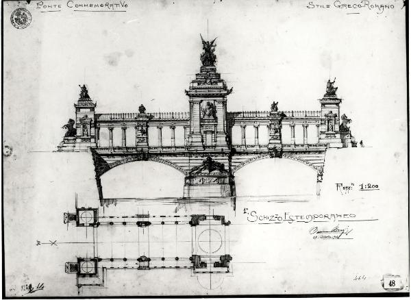 Ponte in pietra commemorativo di un fatto o una personalità insigne (stile greco o romano. Prima prova estemporanea: pianta, prospetto frontale)