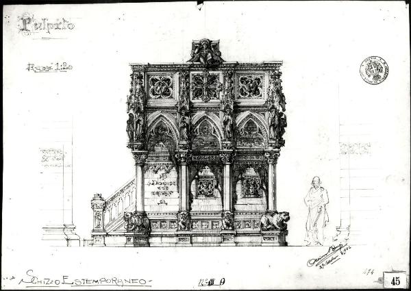 Pulpito isolato in marmo da erigersi in una cattedrale italiana del XIV secolo (stile medioevale. Seconda prova estemporanea: prospetto frontale)