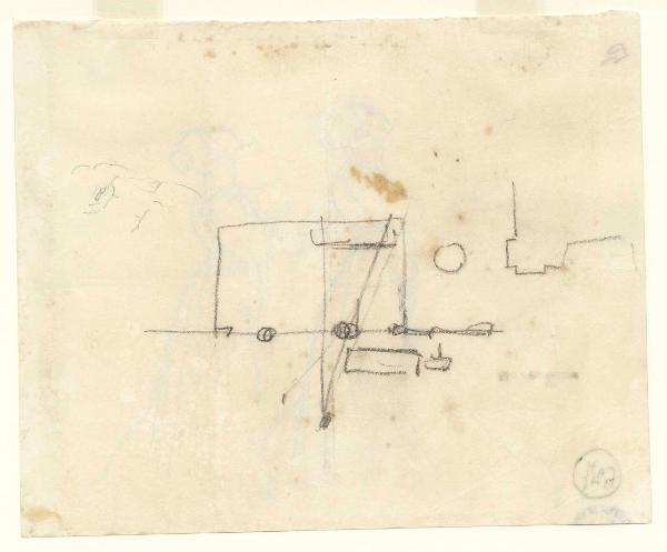 Una pianta architettonica e schizzo di testa (verso)