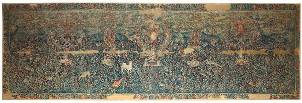 Arazzo con Millefiori araldico con alberi, paesaggio e animali