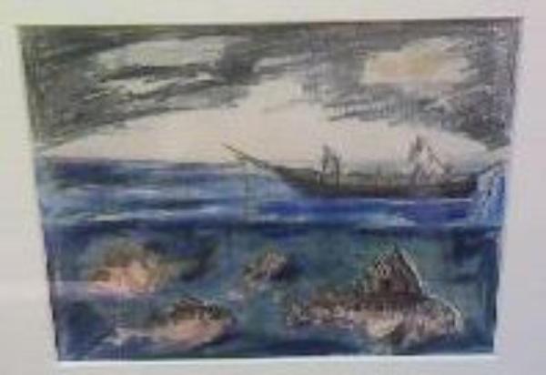 Paesaggio con barca e pesci
