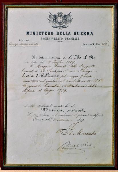Quadro contenente diploma del Generale Luigi Scozia di Calliano