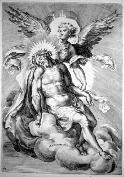 Un angelo sostiene il corpo di Cristo steso sulle nuvole
