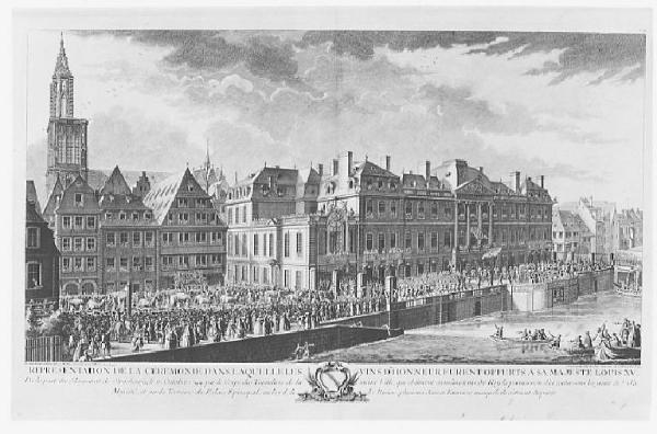 Représentation des Fêtes données par la Ville de Strasbourg pour la convalescence du Roi, à l'arrivée et pendant le séjour de Sa Majesté en cette ville. Inventé, dessiné et dirigé par J.M. Weis, graveur de la ville de Strasbourg