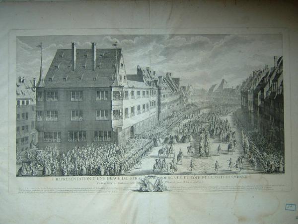 Représentation des Fêtes données par la Ville de Strasbourg pour la convalescence du Roi, à l'arrivée et pendant le séjour de Sa Majesté en cette ville. Inventé, dessiné et dirigé par J.M. Weis, graveur de la ville de Strasbourg