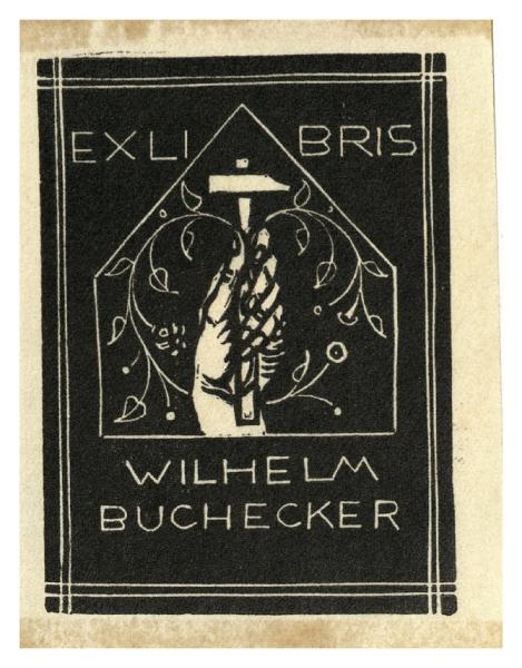 Mano che impugna un martello. Ex libris per Wilhelm Buchecker