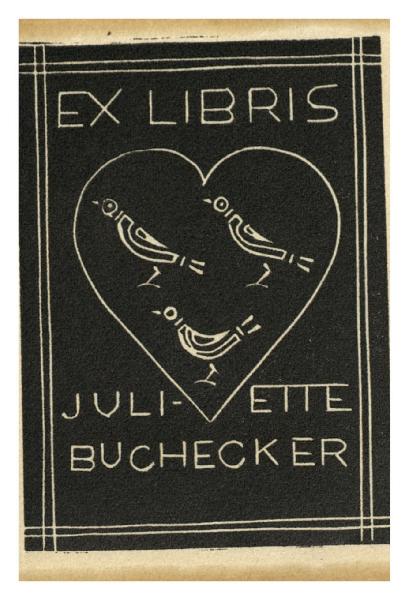 Cuore e tre uccellini. Ex libris per Juliette Buchecker