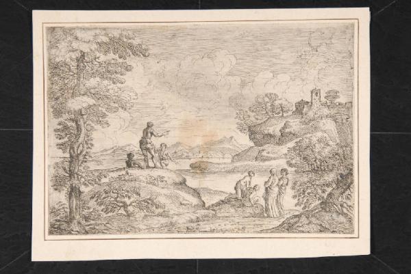 Paesaggio con cinque uomini e due donne presso un fiume