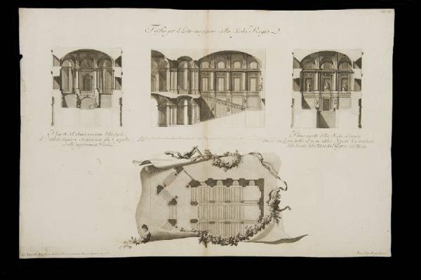 Planimetria e prospetti architettonici della Sala Regia nella Reggia di Caserta