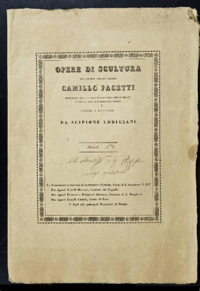 Opere di scultura del celebre defunto signor Camillo Pacetti professore dell'I.R. Accademia di belle Arti in Milano e socio di quelle in Roma e di Firenze incise a contorni da Scipione Lodigiani