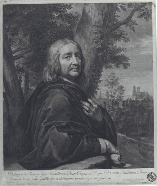 Philippus de Champaigne Bruxellensis Pictor Regius, et Regiae Pictorum Academiae Rector: / Eximiae hujus artis excellentia, et christiana pietate aeque insignis.