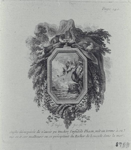 Sapho désespérée de n'avoìr pu toucher l'infidèle Phaon, mit un terme à sa / vie et à ses malheurs en se précipitant du Rocher de Leucade dans la mer