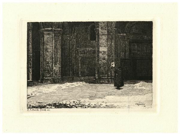 Particolare dell'atrio di Sant'Ambrogio a Milano con la neve