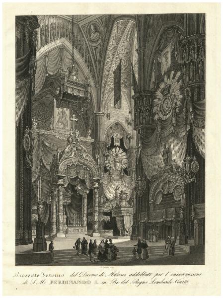 Prospetto Interno del Duomo di Milano addobbato per l'incoronazione diS.M. Ferdinando I in Re del Regno Lombardo-Veneto