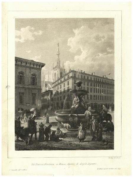 La Piazza Fontana in Milano, dipinto di Angelo Inganni