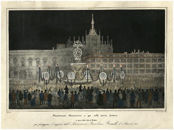 Straordinaria illuminazione a gas sulla piazza fontanaa spese della città di Milanoper festeggiare l'ingresso dell'Arcivescovo Bartolomeo Romilli il 5 Settembre 1847.