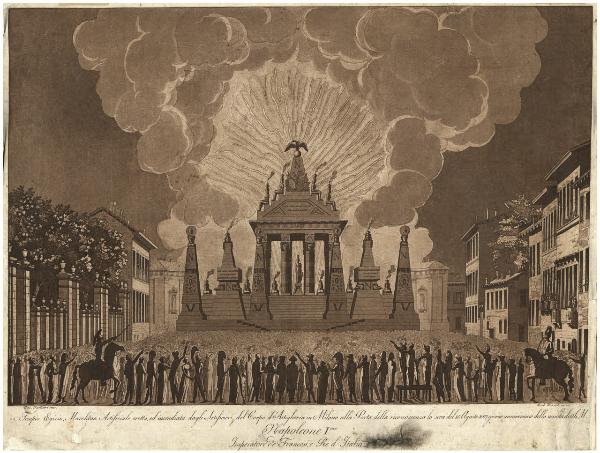 Tempio Egizio. Macchina Artificiale eretta, ed incendiata dagli Artificieri del Corpo d'Artiglieria in Milano alla Porta della riconoscenza la sera del 15 Agosto 1807 giorno anniversario della nascita di S.M. Napoleone I Imperatore de' Francesi [...]