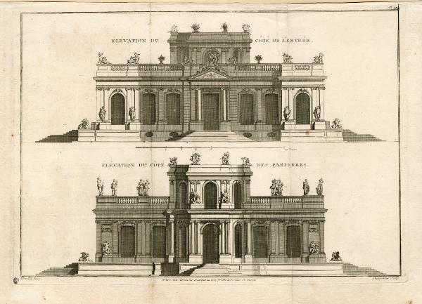 Elévation du côté de l'Entrée. Elévation du côté des Parterres