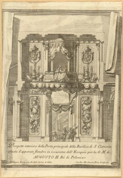 Prospetto interiore della Porta principale della Basilica di S. Clemente ornata d'apparato funebre in occasione dell'Esequie per la G.M. di Augusto II Re di Polonia