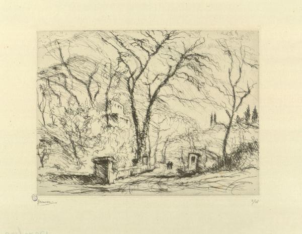 Paesaggio con alberi e casa